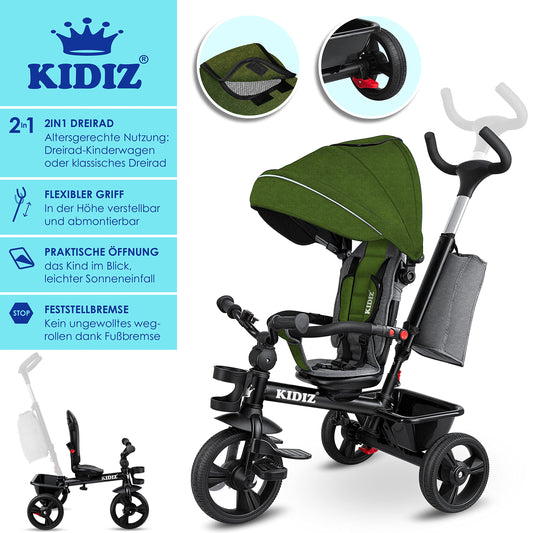 KIDIZ® 6in1 tricycle for kids with handlebar, suitable from 9 months up to 25kg. Jogger with forward & reverse drive, basket, bag, cup holder, sun canopy, rubber wheels. Foldable in khaki color.