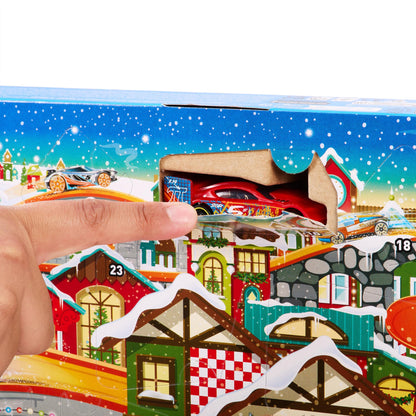 Hot Wheels Advent Calendar - 8 cars and 16 winter accessories behind 24 numbered doors, including a play mat, for kids and fans. HKL74