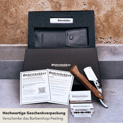 Störtebekker® premium straight razor with wooden handle in handmade leather case (black) including alum stick & shaving guide [+ 10 blades] - gift idea - straight razor set - wet shaving set - shaving kit