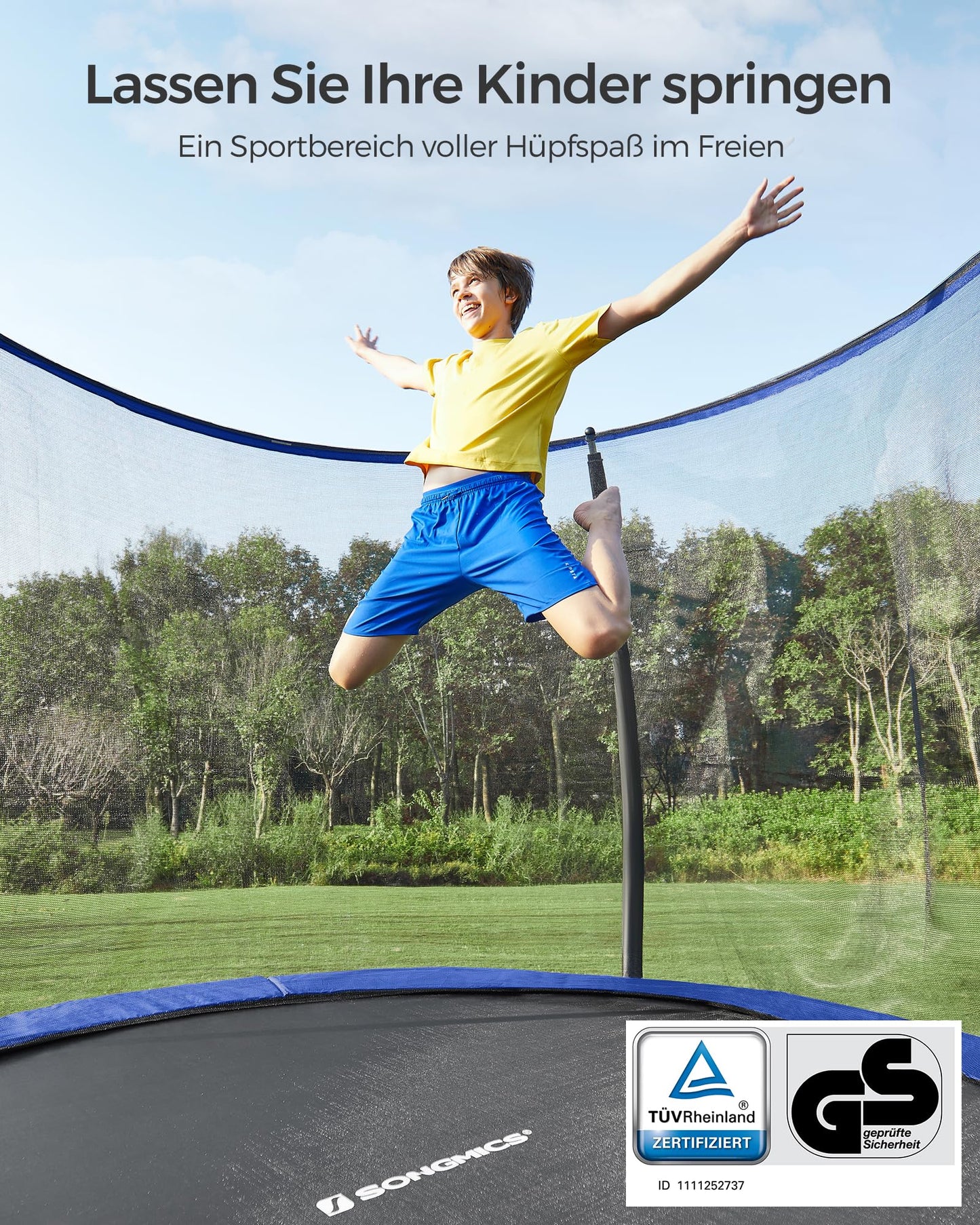 SONGMICS 244 cm dia. Trampoline, garden trampoline for kids with safety net, 180 cm tall curved poles, padding, ladder, steel frame, black-blue STR8BK.
