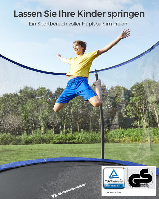 SONGMICS 244 cm dia. Trampoline, garden trampoline for kids with safety net, 180 cm tall curved poles, padding, ladder, steel frame, black-blue STR8BK.