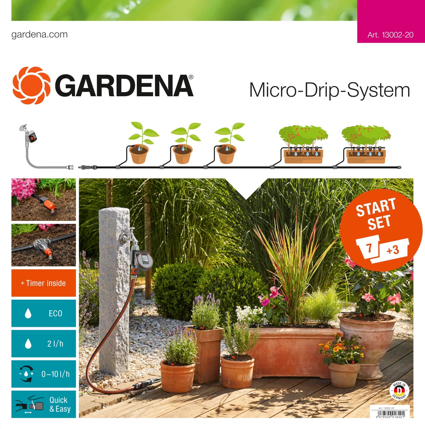 Gardena Start Set Plant Pots M automatic: The convenient Micro-Drip System starter set with irrigation computer for 7 pots and 3 troughs (13002-20)