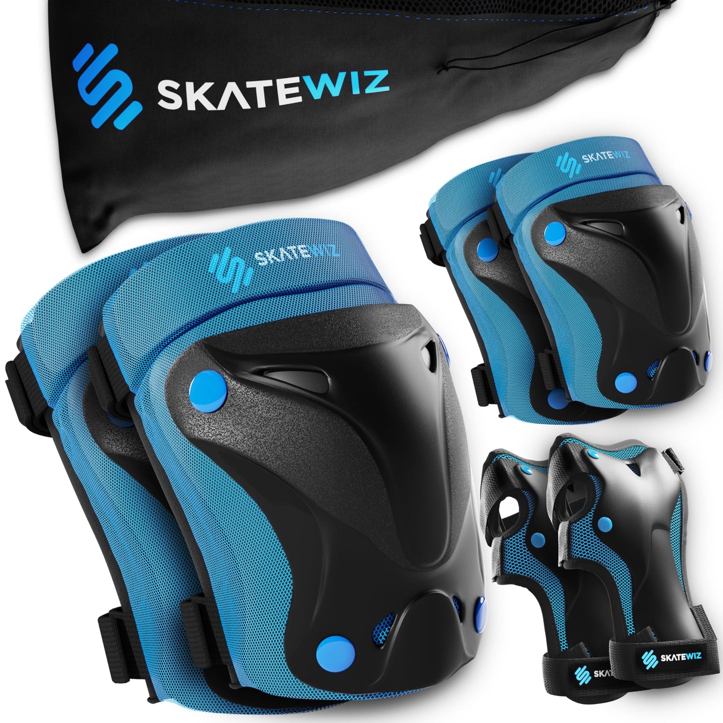 SKATEWIZ Kids Knee Pads for Inline Skating - Protective Gear Set [6 Pieces] - Knee and Elbow Pads - Safety Set for Skateboarding and Rollerblading - PROTECT-1 Blue Size S
