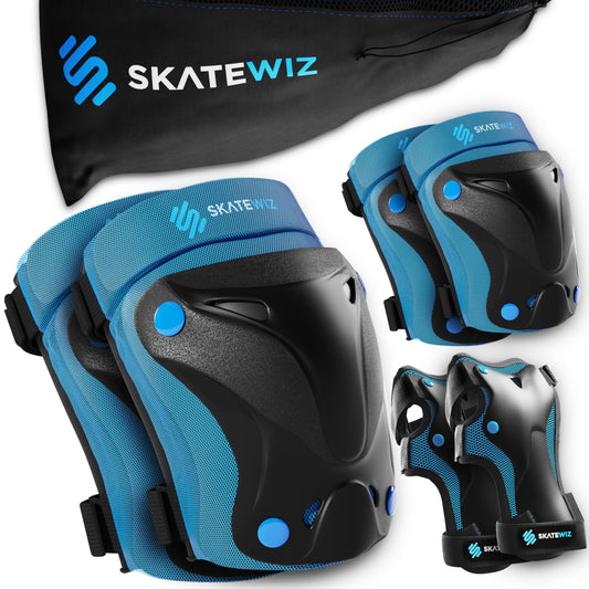 SKATEWIZ Kids Knee Pads for Inline Skating - Protective Gear Set [6 Pieces] - Knee and Elbow Pads - Safety Set for Skateboarding and Rollerblading - PROTECT-1 Blue Size S