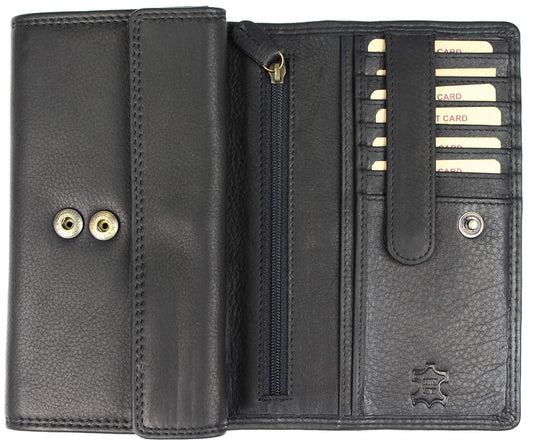 High-quality large vintage leather women's wallet with extra compartments in black - 17.5x10x4cm (W x H x D). Made of soft leather.
