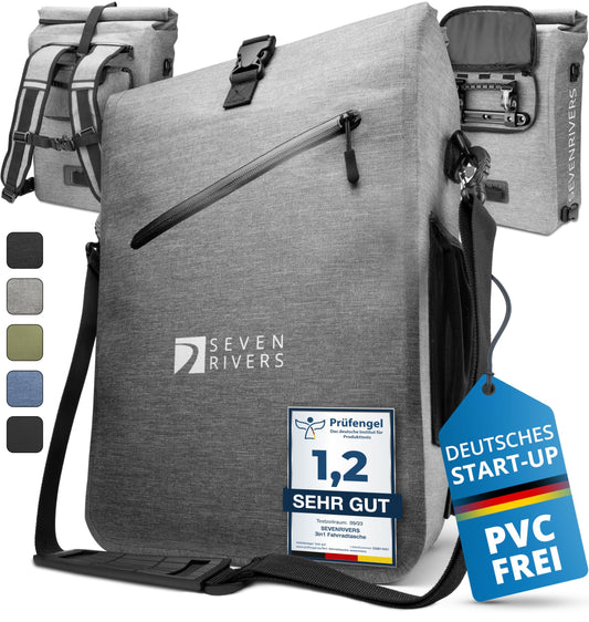 SEVENRIVERS 3 in 1 bike bag - backpack, luggage carrier bag & shoulder bag in one - waterproof & PVC free - incl. laptop bag (24L) (gray)