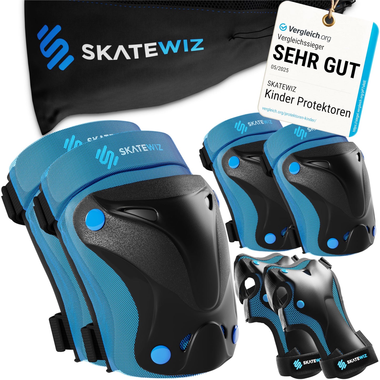 SKATEWIZ Kids Knee Pads Inliner Protector Set [6 pieces] - Knee and Elbow Guards - Safety gear for skateboarding and inline skating - Protect-1 Blue Size XS