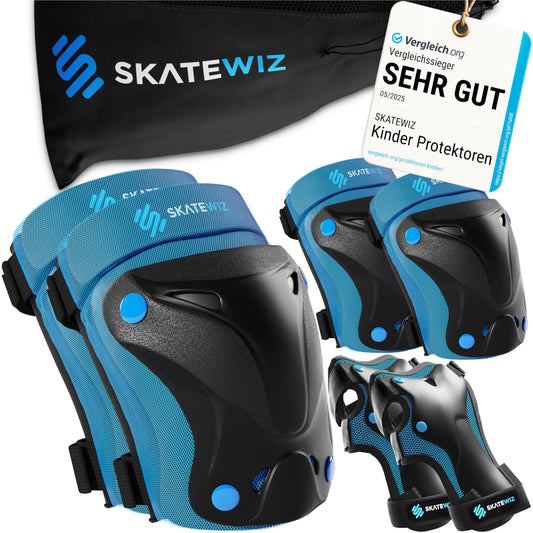 SKATEWIZ Kids Knee Pads Inliner Protector Set [6 pieces] - Knee and Elbow Guards - Safety gear for skateboarding and inline skating - Protect-1 Blue Size XS