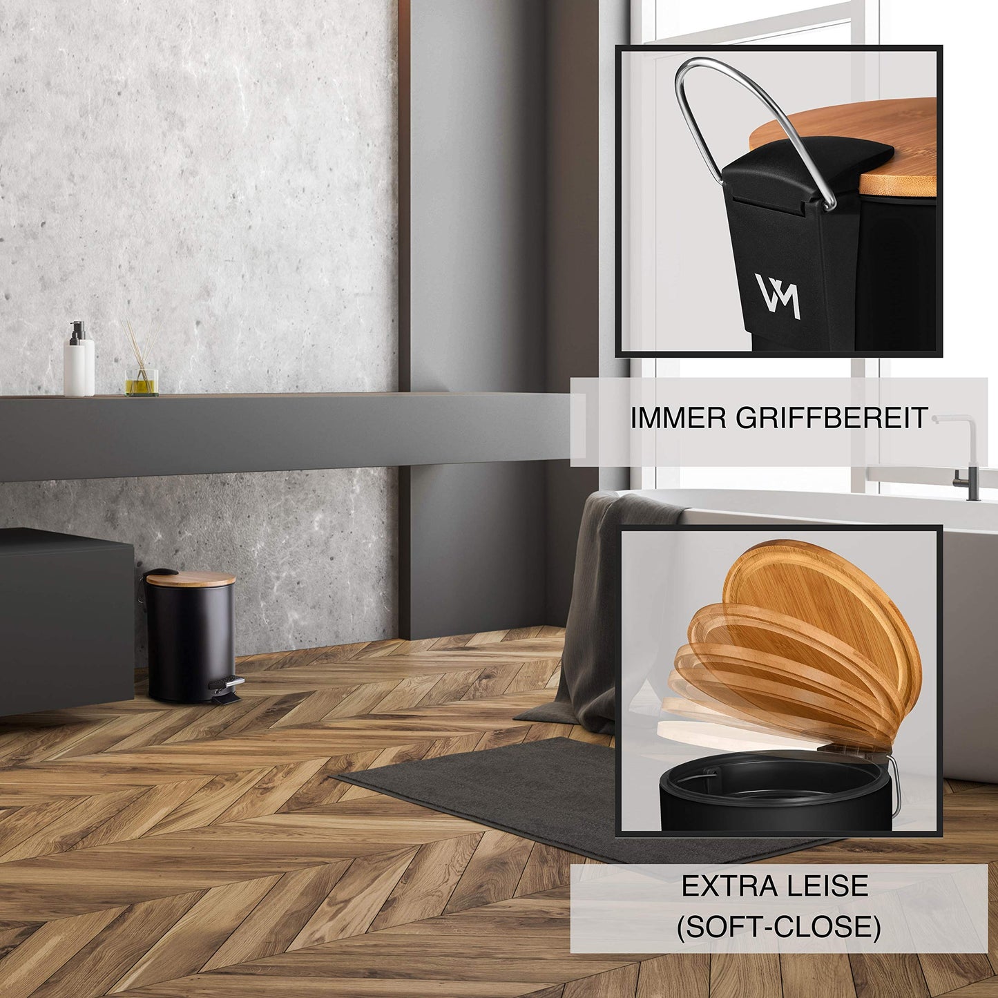 VMbathrooms 3L cosmetic bin in chic black design | Step trash can with soft close lid | Elegant bin for the bathroom with inner container and bamboo wood lid