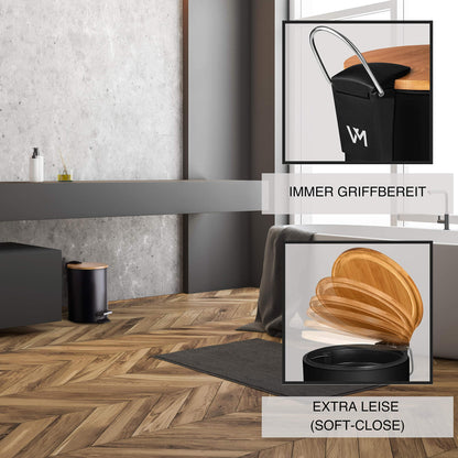 VMbathrooms 3L cosmetic bin in chic black design | Step trash can with soft close lid | Elegant bin for the bathroom with inner container and bamboo wood lid