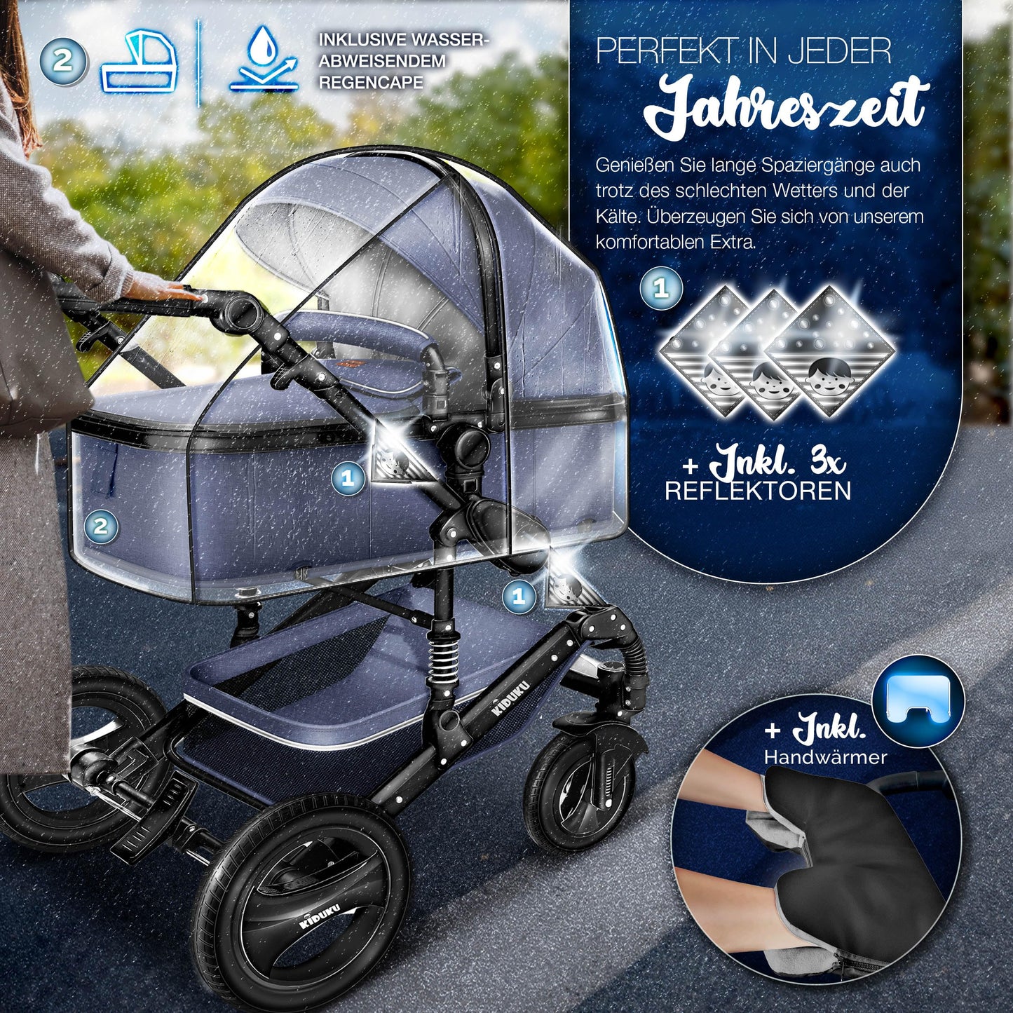 KIDUKU® 3 in 1 stroller XXL complete set | Combination stroller set including baby tub, buggy seat & car baby seat footmuff | solid rubber tires changing bag hand warmer rain cover child table ECE R129