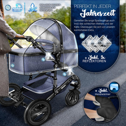 KIDUKU® 3 in 1 stroller XXL complete set | Combination stroller set including baby tub, buggy seat & car baby seat footmuff | solid rubber tires changing bag hand warmer rain cover child table ECE R129