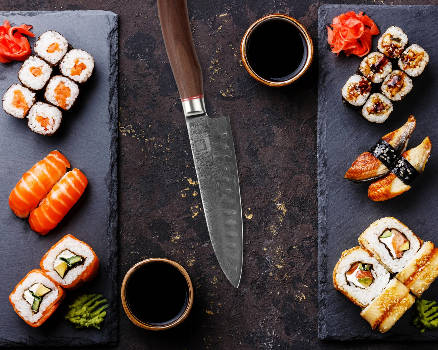 Zayiko Kurumi Premium Santoku knife with 17.5 cm blade made of 67 layers genuine Damascus steel with walnut handle I wooden box I Damascus knife kitchen knife and professional chef knife