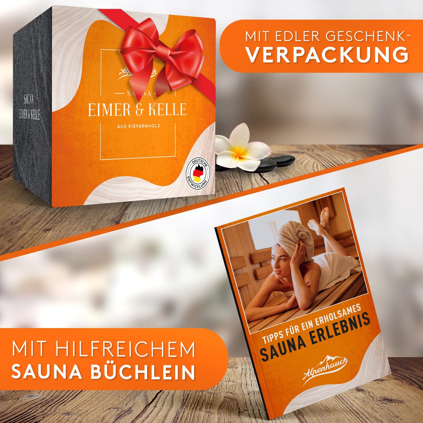 ALPENHAUCH sauna bucket with ladle [100% natural wood] - Elegant sauna bucket with ladle - Durable sauna accessory - infusion bucket set