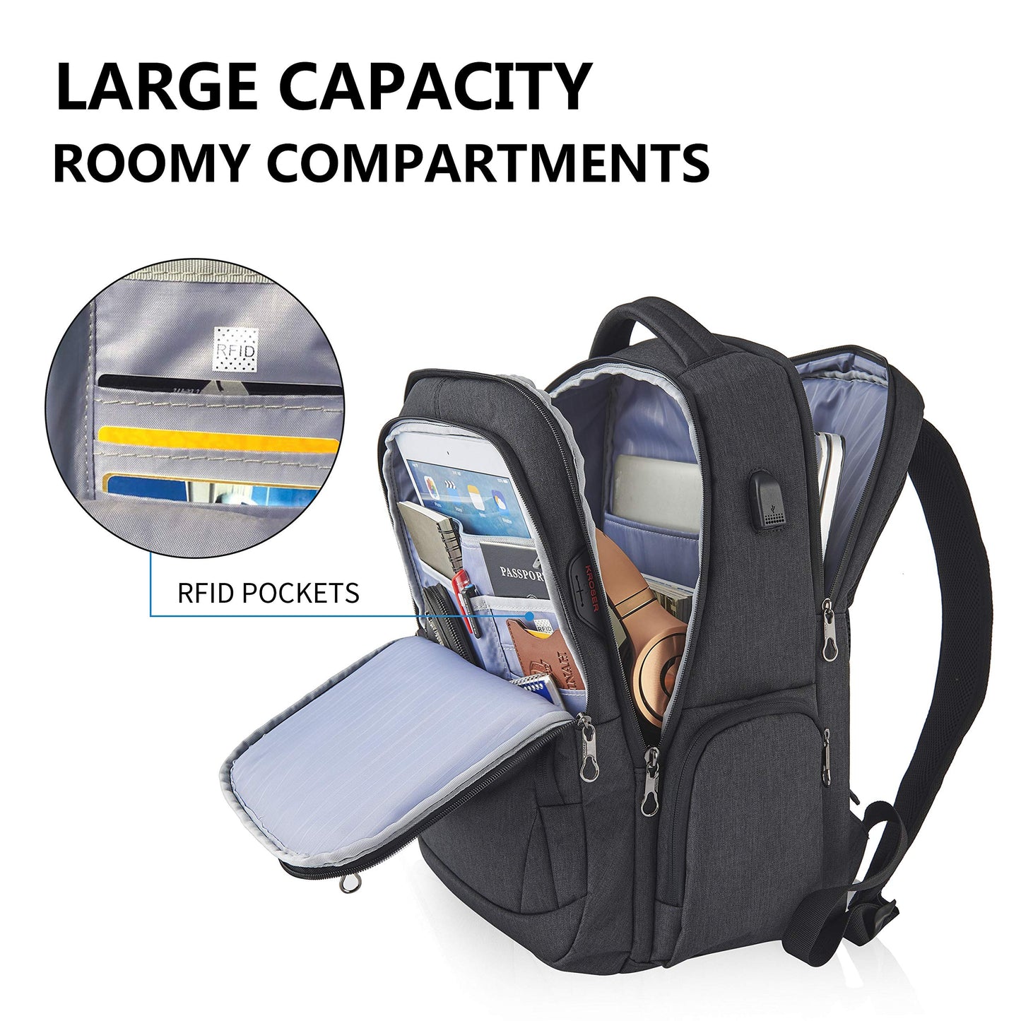 KROSER Laptop Backpack Men 17.3'' Business Backpack School Backpack Large Waterproof Bags Travel Backpack Daypack for College/Men/Women Black MEHRWEG