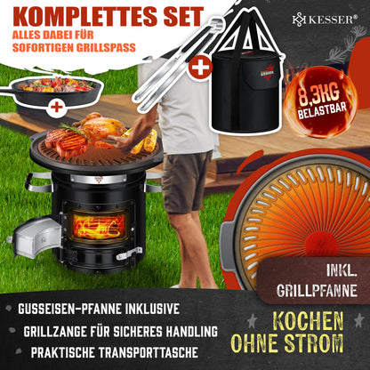 KESSER® Rocket Stove incl. cast iron grill pan, grill plate, tongs & carrying bag | Dutch Oven BBQ Rocket Wood Stove Camping | Outdoor Camping Cooker Camping Grill Stainless Steel Black