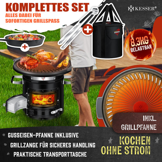 KESSER® Rocket Stove incl. cast iron grill pan, grill plate, tongs & carrying bag | Dutch Oven BBQ Rocket Wood Stove Camping | Outdoor Camping Cooker Camping Grill Stainless Steel Black