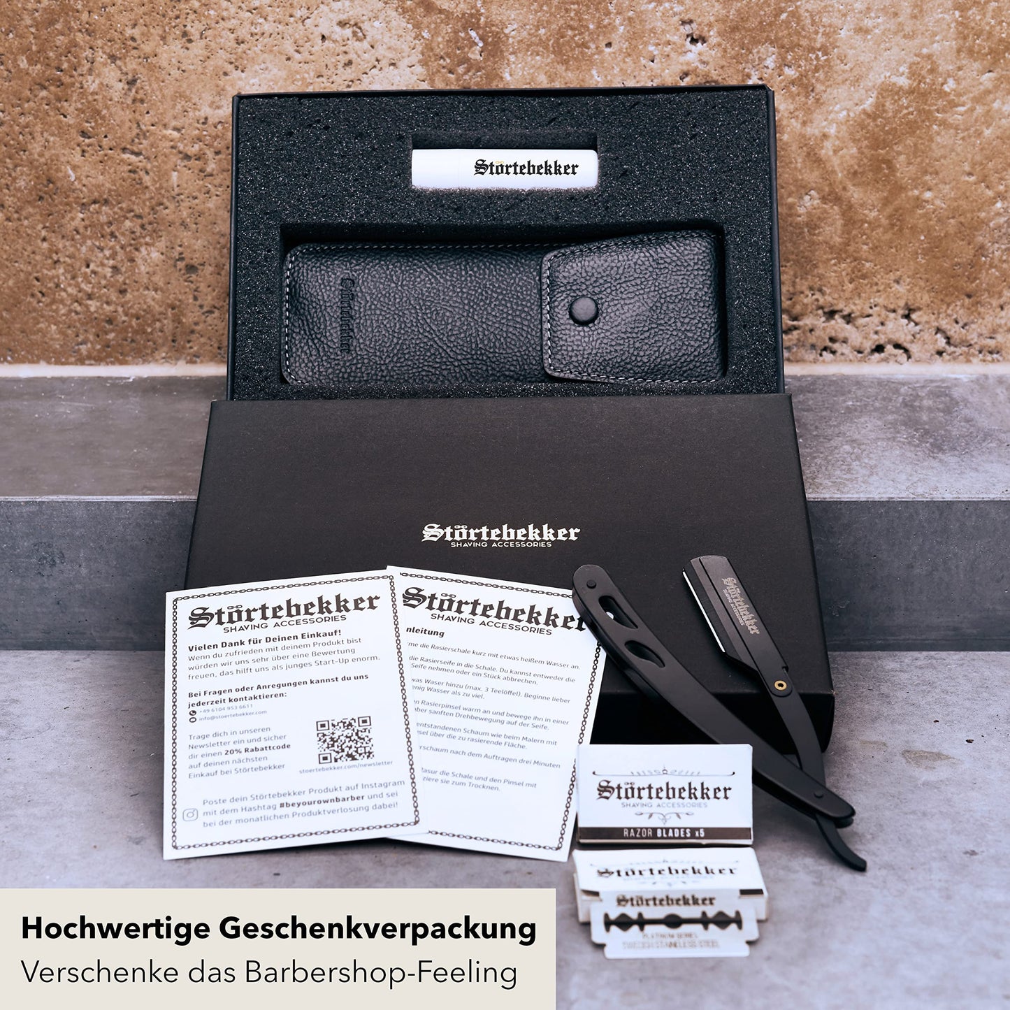 Störtebekker® Premium Straight Razor in handmade leather case + Alum stick - Straight Razor with shaving guide [10 Störtebekker blades] - Gift idea - Razor set - High-quality wet razor