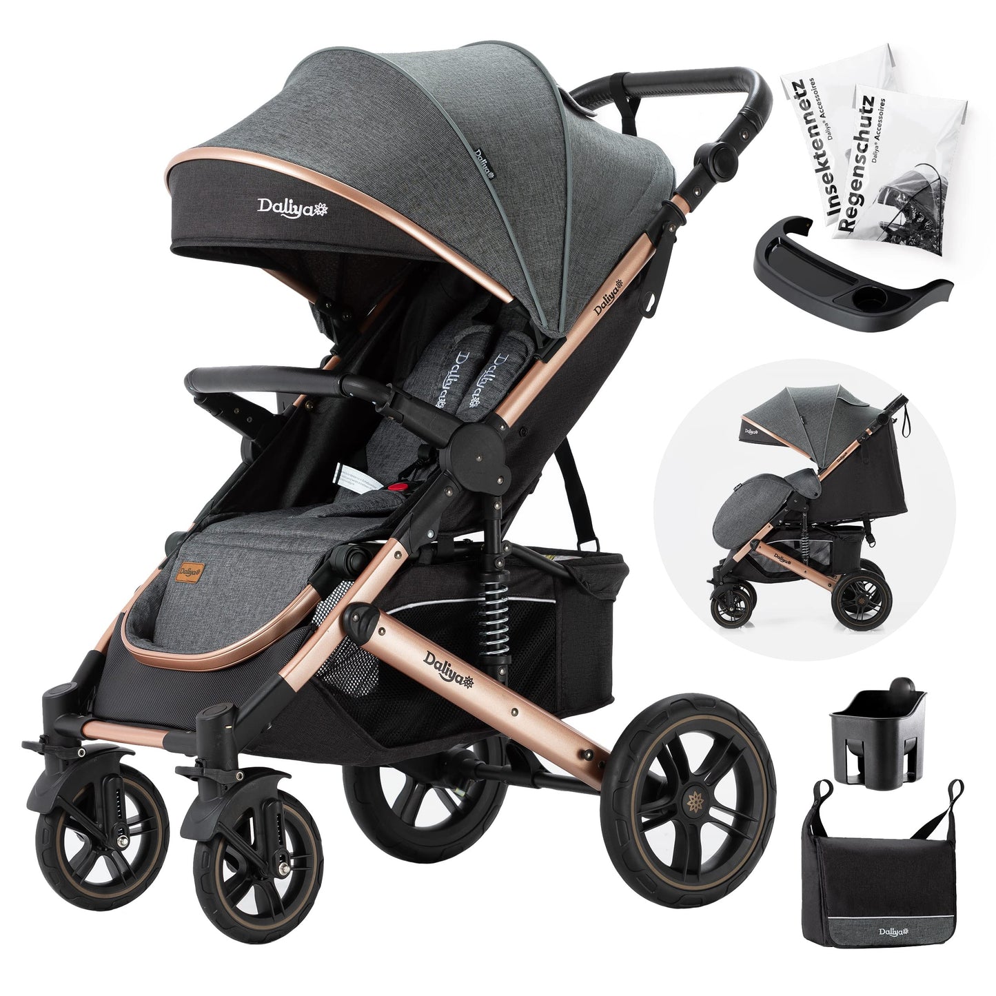 Daliya® Rapidy Buggy Stroller for Children 0-36 Months Sports Buggy with Reclining Position Changing Bag, Winter Footmuff, Dining & Play Table and more (Dark Grey - Gold)