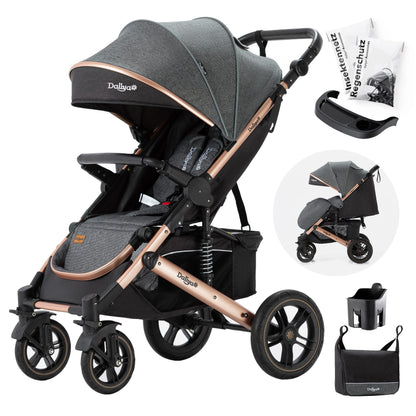 Daliya® Rapidy Buggy Stroller for Children 0-36 Months Sports Buggy with Reclining Position Changing Bag, Winter Footmuff, Dining & Play Table and more (Dark Grey - Gold)