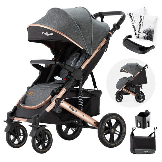 Daliya® Rapidy Buggy Stroller for Children 0-36 Months Sports Buggy with Reclining Position Changing Bag, Winter Footmuff, Dining & Play Table and more (Dark Grey - Gold)
