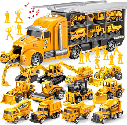 JOYIN 25-in-1 Die-cast Construction Vehicle Toy Set (including transport truck, excavator, dump truck, tractor) with sounds and lights in the transporter, kids gifts for boys aged 3 and up.