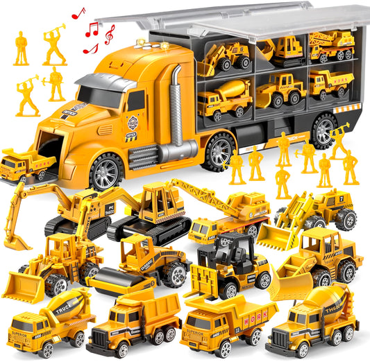 JOYIN 25-in-1 Die-cast Construction Vehicle Toy Set (including transport truck, excavator, dump truck, tractor) with sounds and lights in the transporter, kids gifts for boys aged 3 and up.