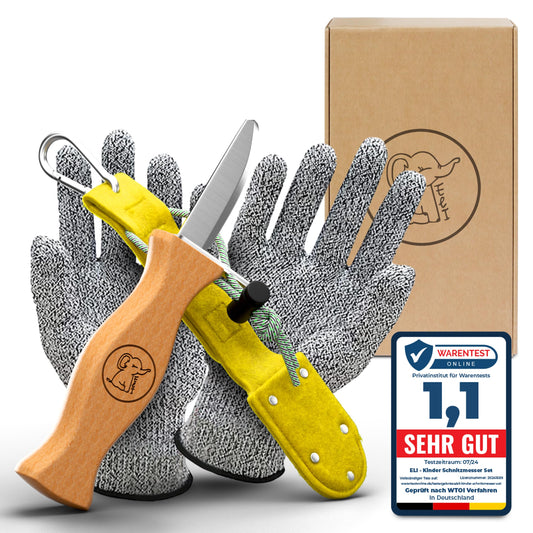 Eli® carving knife for children with felt bag for ages 6 and up - high-quality children's carving set including cut-resistant gloves - kids carving knife - carving tool - outdoor knife - yellow