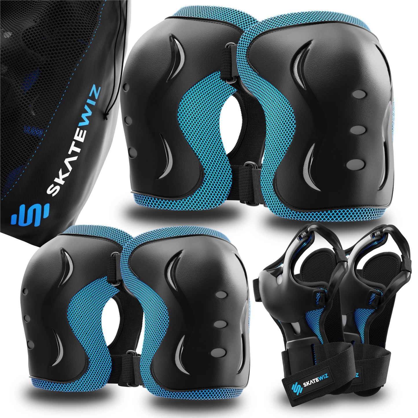 SKATEWIZ Adult Inline Skate Guards - Protective Gear - Skate Protectors for Women and Men - Knee and Elbow Pads - Skating Knee Pads - Impact Size L Blue