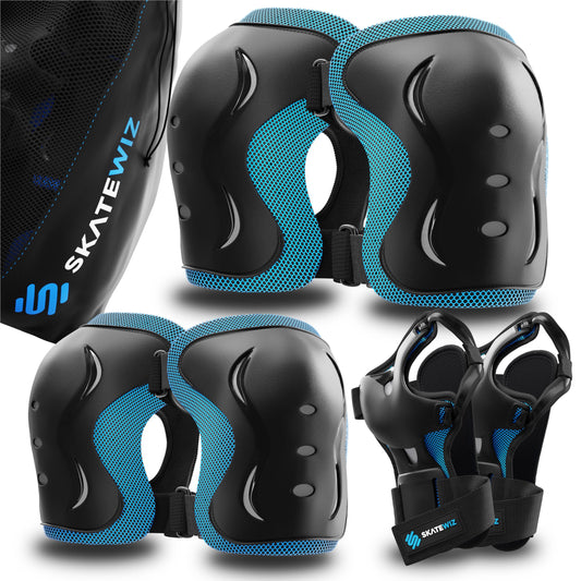 SKATEWIZ Adult Inline Skate Guards - Protective Gear - Skate Protectors for Women and Men - Knee and Elbow Pads - Skating Knee Pads - Impact Size L Blue