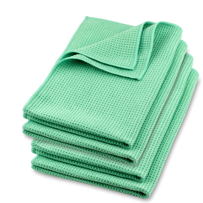 ELEXACLEAN Microfiber Drying Towel, Premium Waffle Cloth (4 pieces, 60x40 cm, Green) super soft quality for car, glass, kitchen, dishes, bathroom.