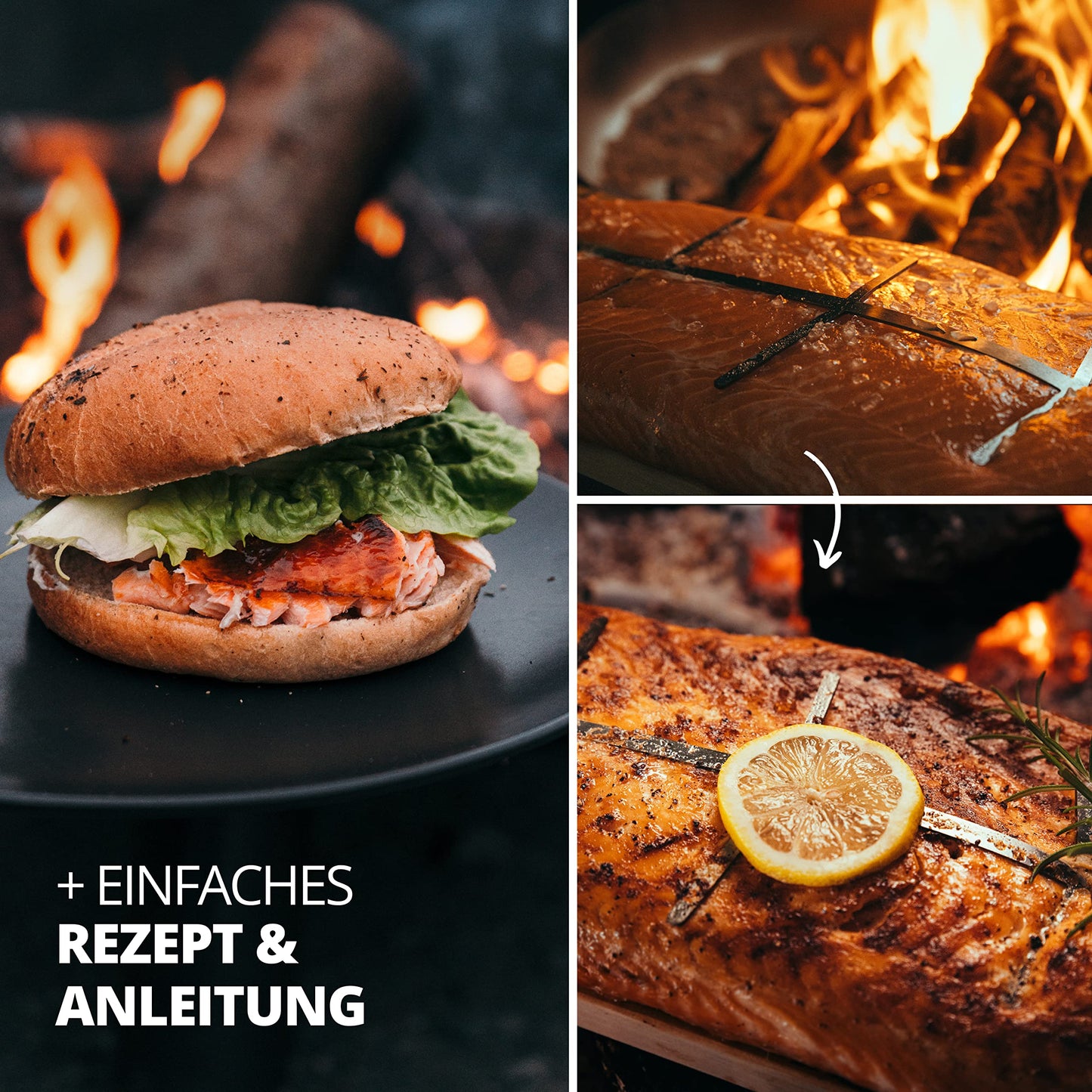 FINNWERK Flame Salmon Board - Flame salmon boards with stainless steel holder - Perfect salmon boards for grilling made of solid birch - Also ideal as a smoking board - Angle system for optimal adjustment