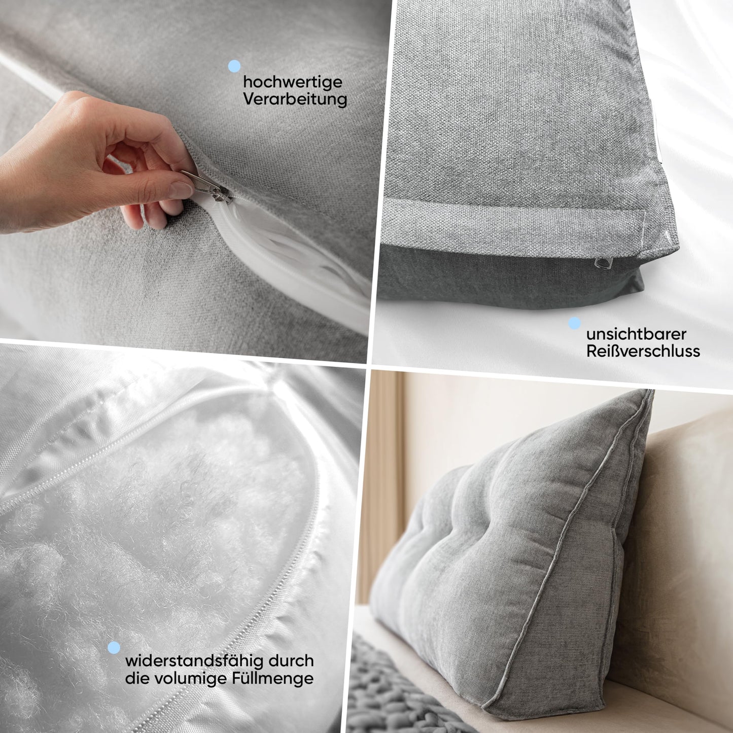 Björn & Schiller Back Pillow - Reading Pillow for Bed and Sofa, Wedge Pillow, Back Cushion for the Wall, Seat Cushion, Wall Pillow, large with washable cover (Gray, 200 cm)