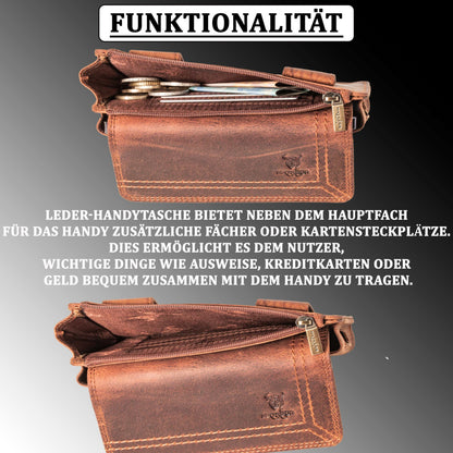 MATADOR 2in1 genuine leather phone case belt with zipper pocket #Brisbane, with elegant gift box and RFID protection. Stylish leather phone belt for smartphones up to 6.9 inches in Vintage Brown.