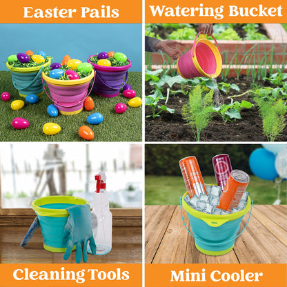 JOYIN 3 Pack Foldable Beach Bucket Set, Sandbox Foldable Sand Toy Bucket with Mesh Backpack for Kids, Camping Gear, Sand Party.