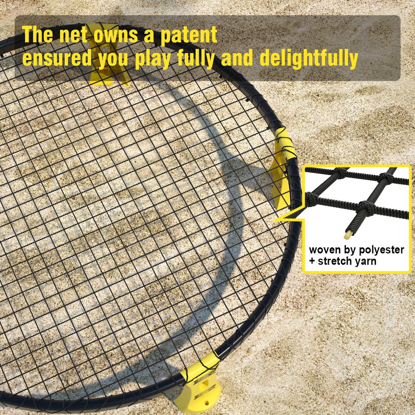 Mooki's Blinngoball Roundnet game for families spiderball set includes game net, 2 balls, drawstring bag, ball pump with 1 needle, and manual.