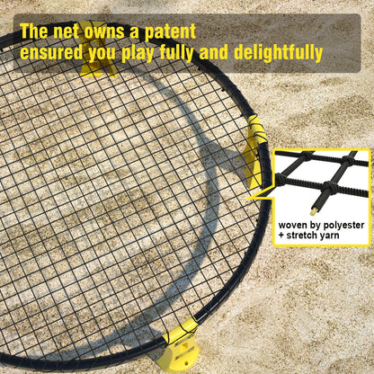 Mooki's Blinngoball Roundnet game for families spiderball set includes game net, 2 balls, drawstring bag, ball pump with 1 needle, and manual.