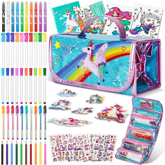 Auney art set for kids 3-9 years old, includes drawing supplies like glitter pens, markers, colored pencils, and gel pens. Perfect unicorn gift for girls.