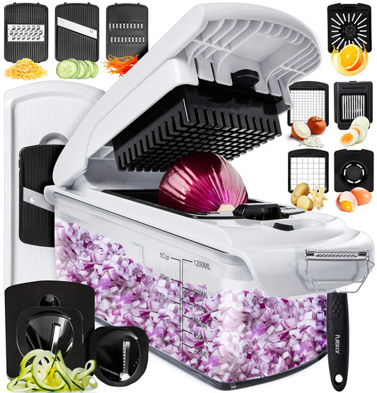 Vegetable slicer mandoline vegetable slicer cucumber slicer onion slicer potato slicer fruit slicer grater for vegetables and cheese julienne slicer (Deluxe All-in-1 White)