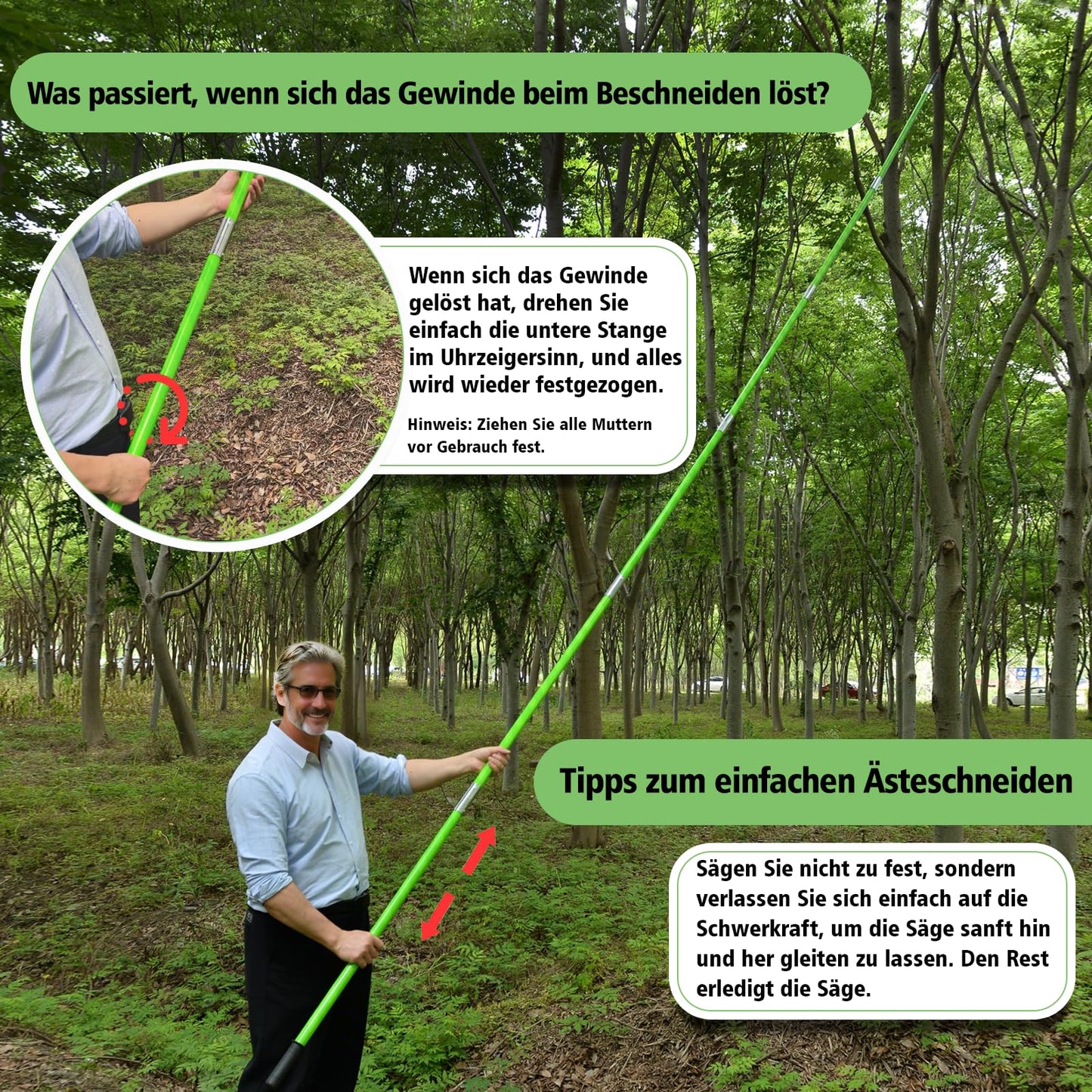 8m telescopic tree pruner with adjustable length handsaw, cuts cleanly and quickly for high branches. Includes carrying bag for easy transport. Great tool for garden maintenance.