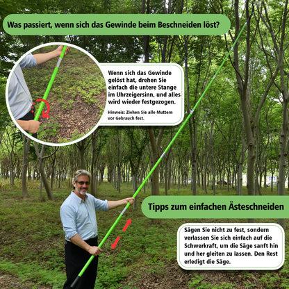 8m telescopic tree pruner with adjustable length handsaw, cuts cleanly and quickly for high branches. Includes carrying bag for easy transport. Great tool for garden maintenance.