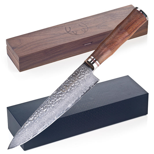 SCHWARTZHIRSCH® Caliburn - The handcrafted chef's knife made from Japanese Damascus steel with a fine genuine wood handle in an exclusive walnut wood box (20cm, Damascus knife, gift packaging)