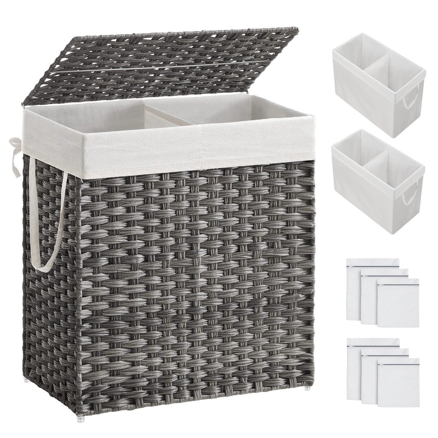 SONGMICS laundry hamper with lid, laundry collector 110 liters, 2 compartments, removable laundry bag with handles, hand-woven, for bedroom, bathroom, 33 x 57 x 60 cm, gray LCB252G01