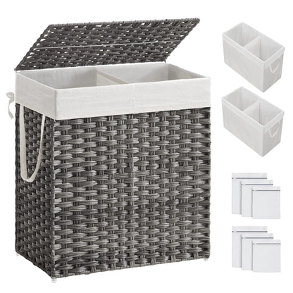 SONGMICS laundry hamper with lid, laundry collector 110 liters, 2 compartments, removable laundry bag with handles, hand-woven, for bedroom, bathroom, 33 x 57 x 60 cm, gray LCB252G01