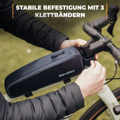 Rovativ® Bikepacking Top Tube Bag [1.8 Liters] 100% Waterproof - Extra Secure Mount - New Zipper - for Gravel bike, Road bike, MTB