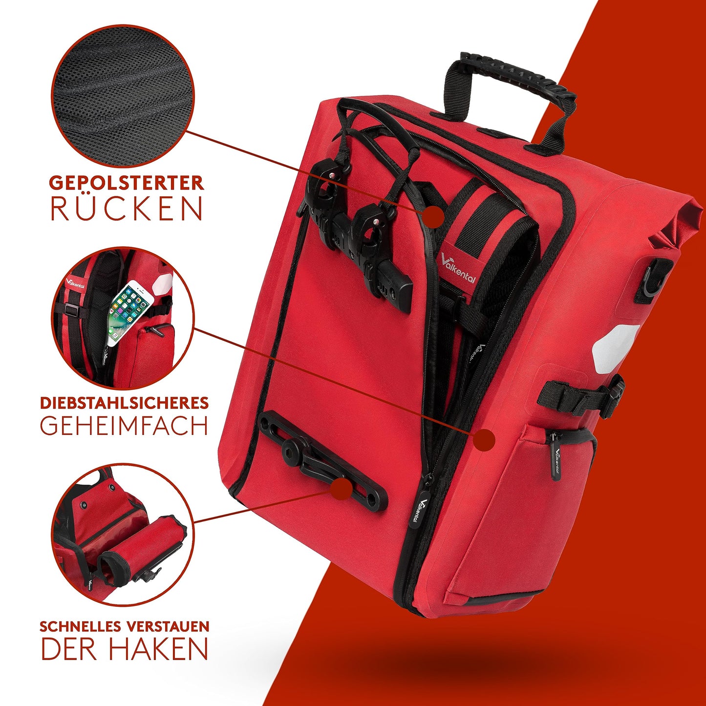 Valkental® - 3in1 Bike Bag Pro - The Original - High-quality Nylon - 23L Capacity - Can be used as a luggage rack bag, backpack & shoulder bag - 100% Waterproof - Bike bag for luggage rack