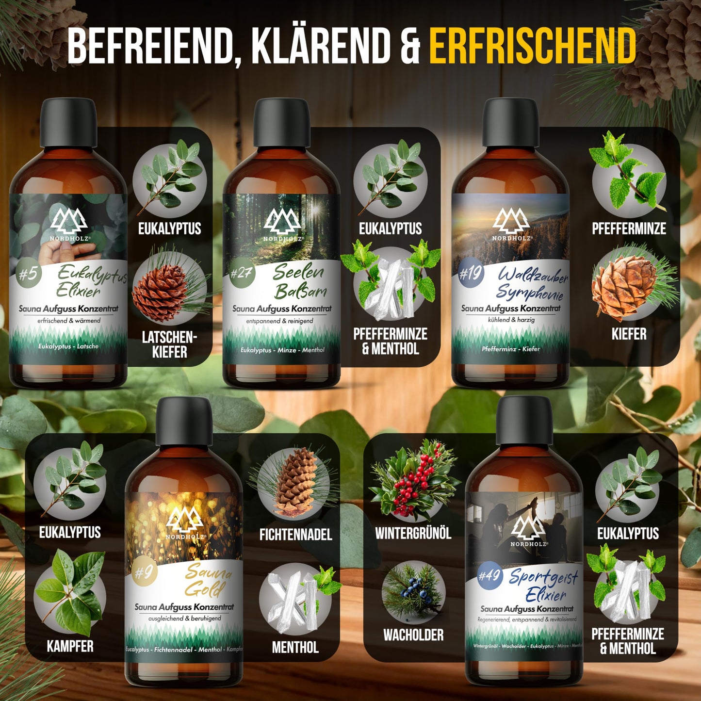 NORDHOLZ® Sauna infusion set [5x100ml Breathe free] special & natural sauna infusion - intense & relaxing scent - sauna accessories