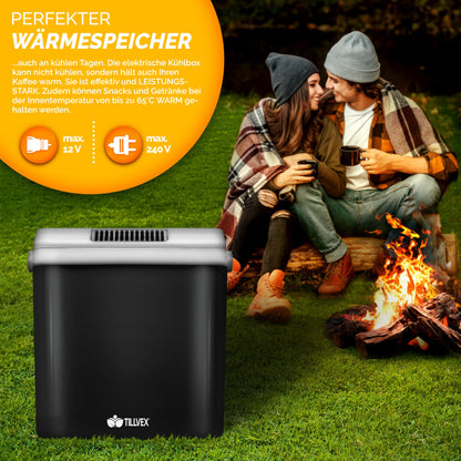 tillvex Electric Cooler 32L | Mini Fridge 230V and 12V for Car Camping | cools & heats | ECO mode (Charcoal)