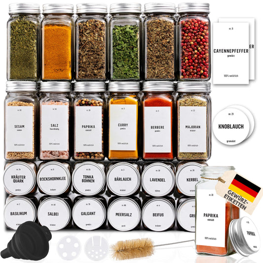 Deco House® square spice jars with screw cap 24-piece set [+labels & shaker insert] - glass spice jar set - spice container spice jars - spice storage - spice organizer spice storage