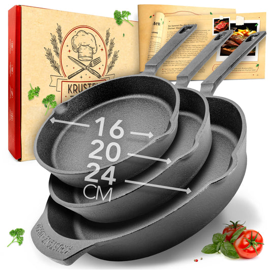 CRUST MAGIC 16+20+24cm cast iron pans induction - Pre-seasoned cast iron pans - Ideal grill pan for induction, iron pan, cast iron pan, frying pan, cast iron skillet pan.
